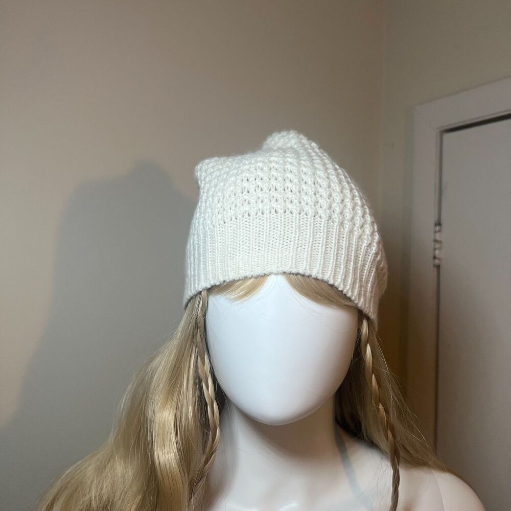 Cream White Waffle-Knit Beanie Ski Y2K Coquette Downtown Boho Snow Bunny Winter